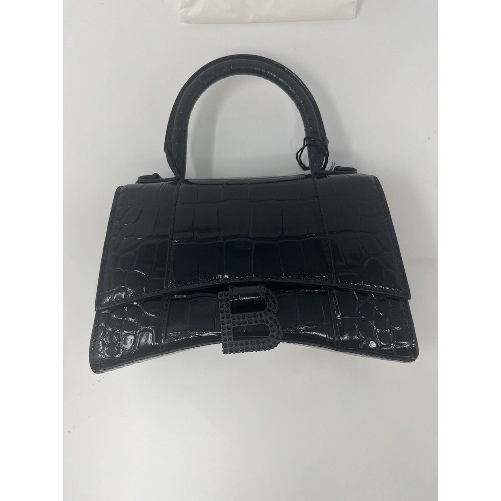 BALENCIAGA Hourglass Extra Small Top Handle Handbag Crocodile Embossed XS Black - Picture 14 of 15
